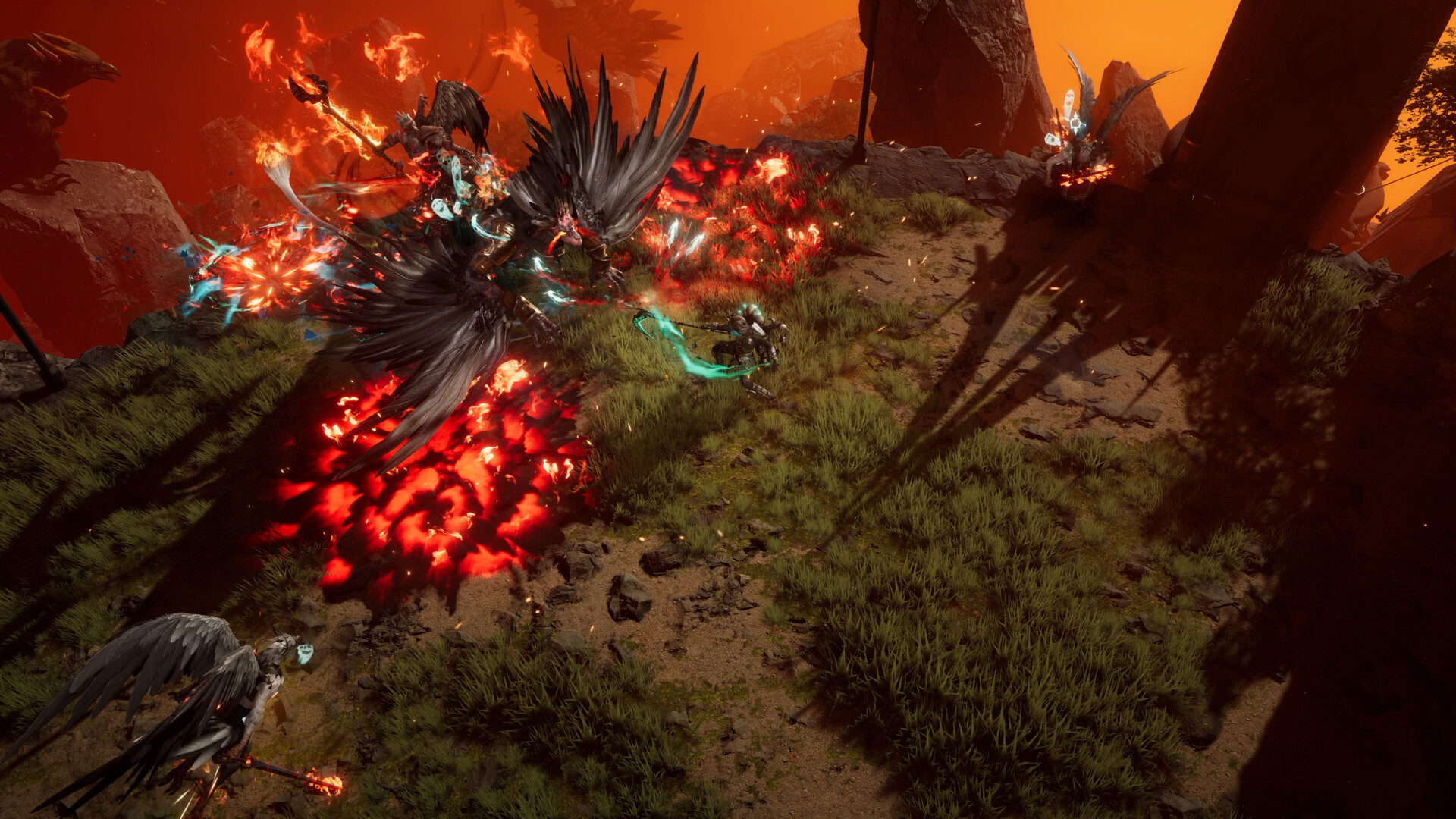 Last Epoch hero fighting a winged boss ringed by fire in a rocky Season 5 arena