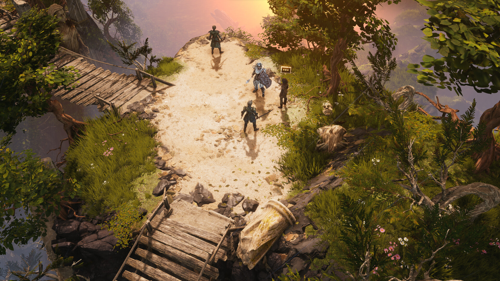 Travelers walking a sunlit stone bridge through Eterra in Last Epoch